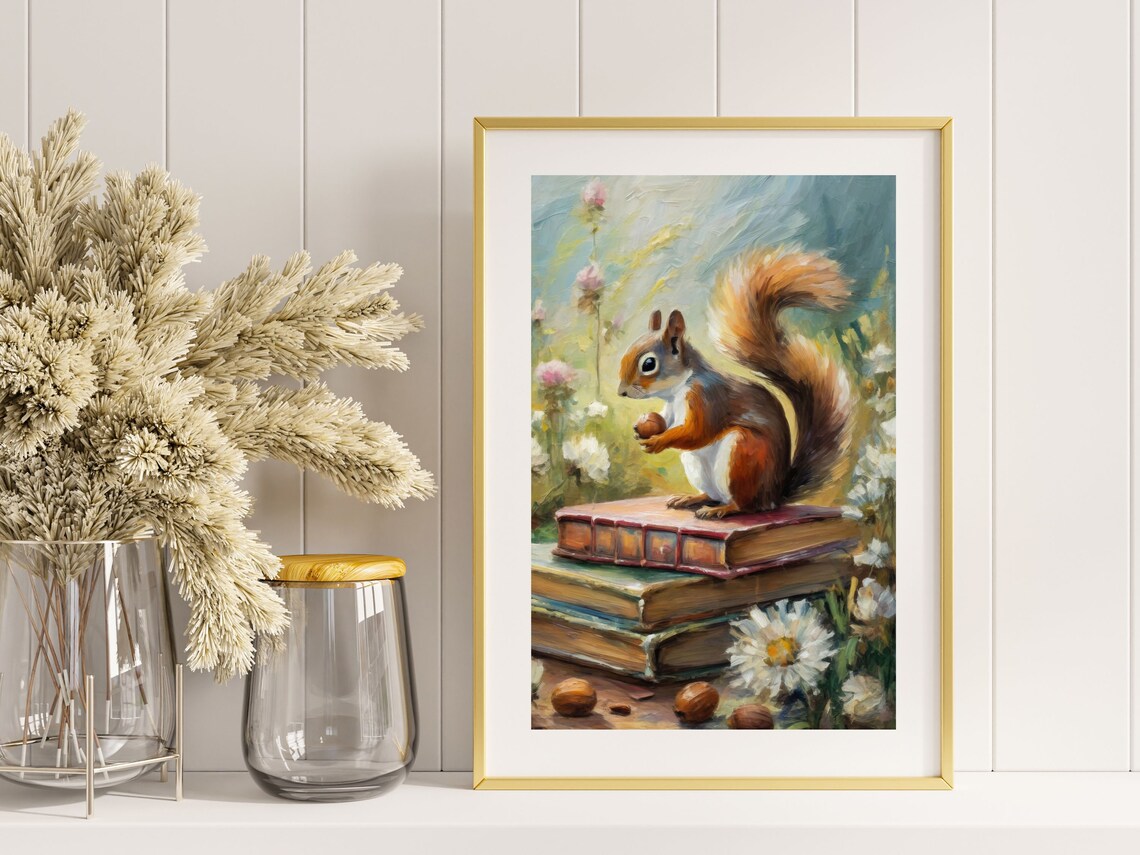 Red Squirrel With Acorn On Stack Of Books Vintage Floral Painting Poster - Image 4