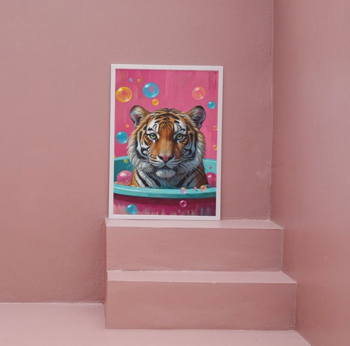 Colorful Tiger Wall Art Vibrant Bubble Art Hyper Realistic Tiger In Bathtub Bold Animal Print Unique Home Decor - Image 4