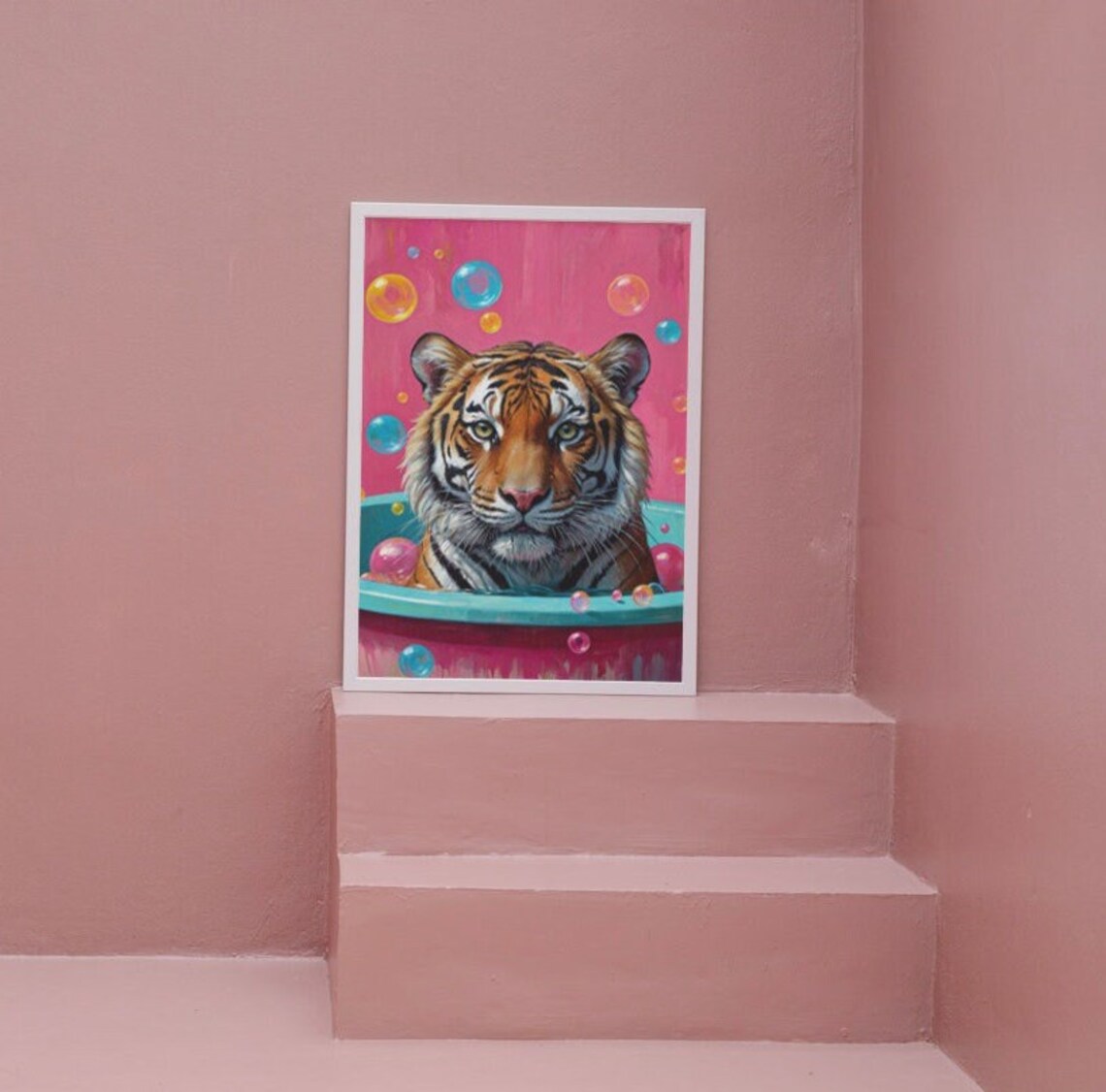 Funny Tiger Relaxing In A Turquoise Bathtub With Bubbles Poster - Image 4