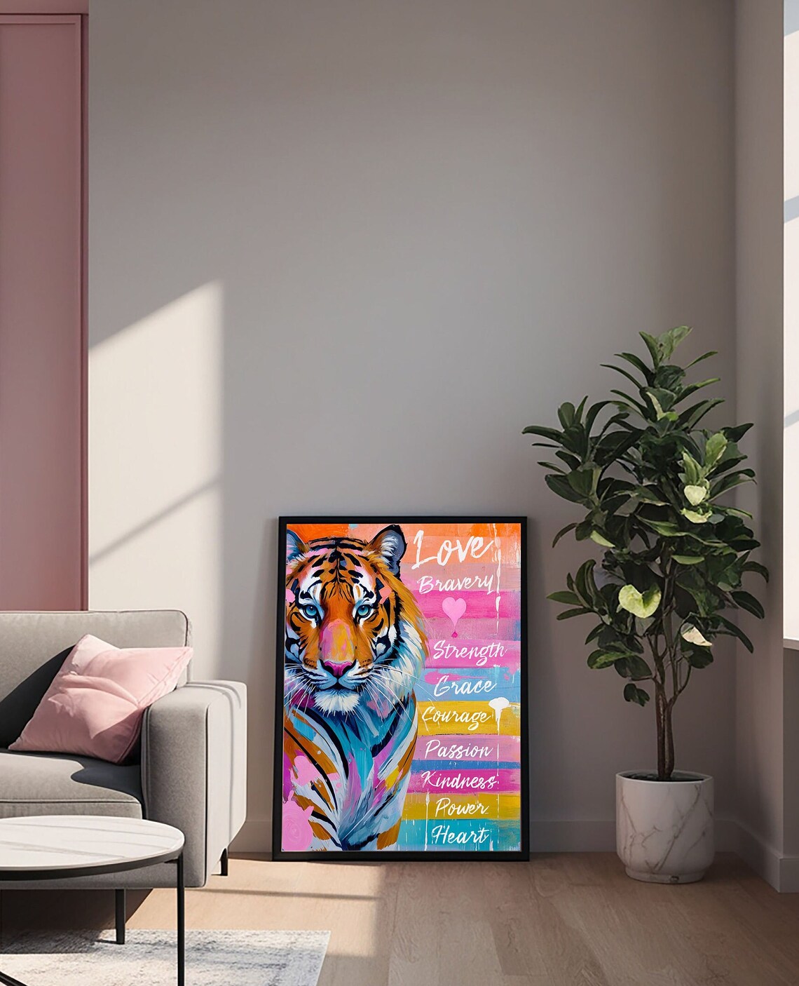 Colorful Tiger With Love Bravery Strength Words Motivational Poster - Image 3