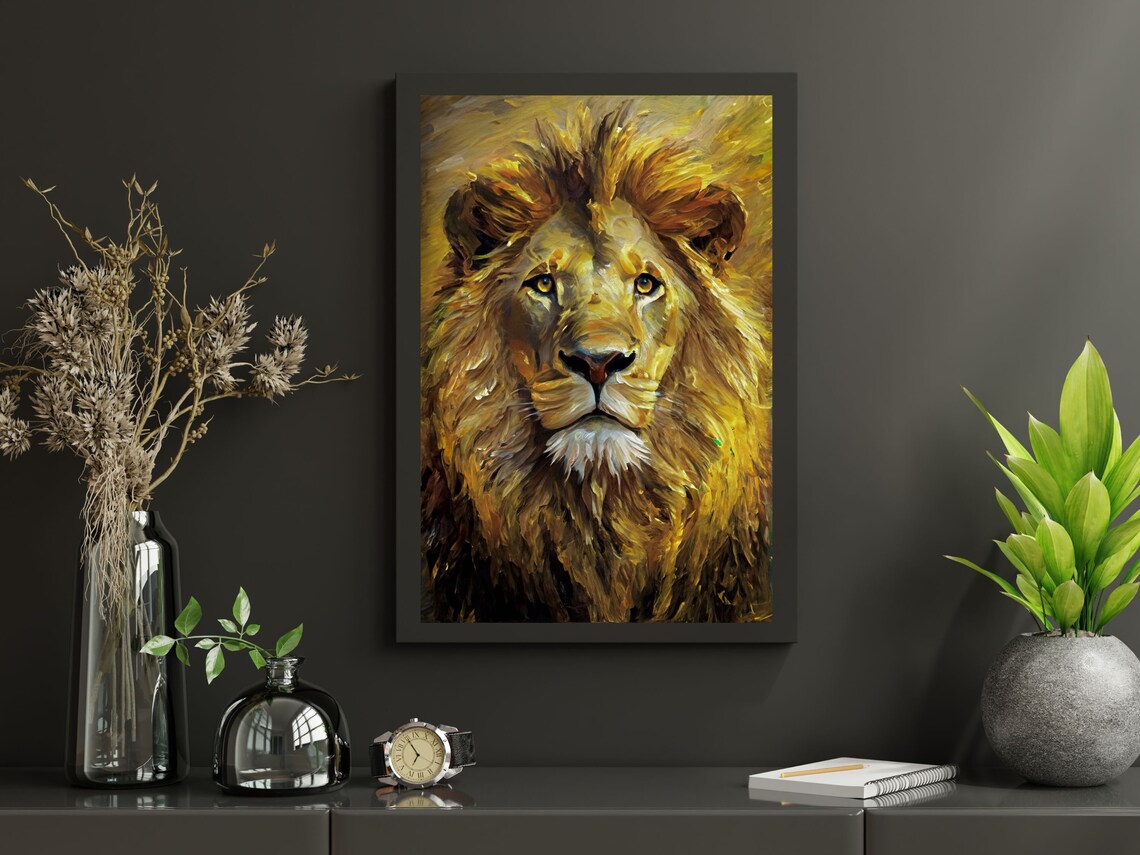 Golden Lion Portrait Textured Oil Painting Regal Wildlife Home Decor Poster - Image 2