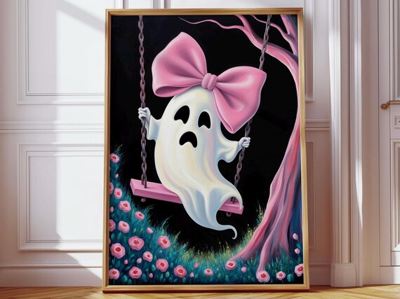 Cute Ghost With Pink Bow On A Swing Under A Pink Tree Halloween Poster