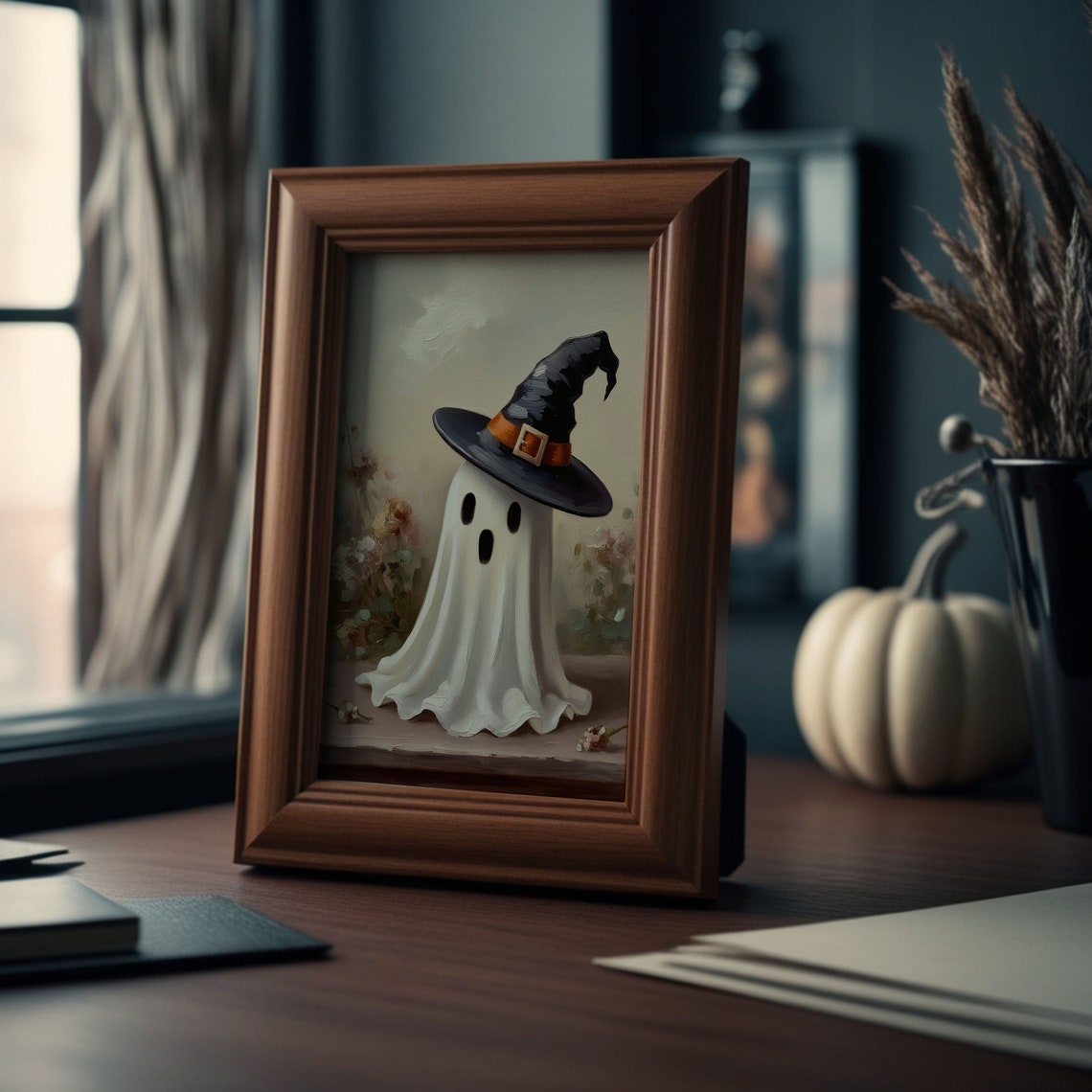 Cute Ghost In A Black Witch Hat With Roses Vintage Halloween Poster - Image 4