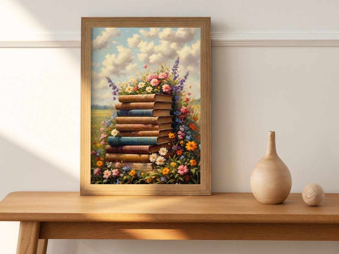 Vintage Book Stack With Wildflowers In A Sunny Meadow Painting Poster - Image 4
