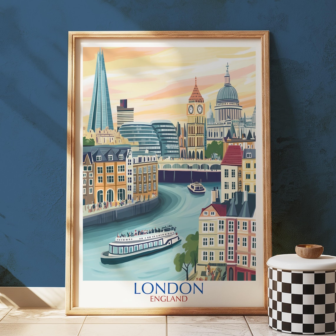 London England Thames River Boat and City Landmarks Vintage Travel Poster
