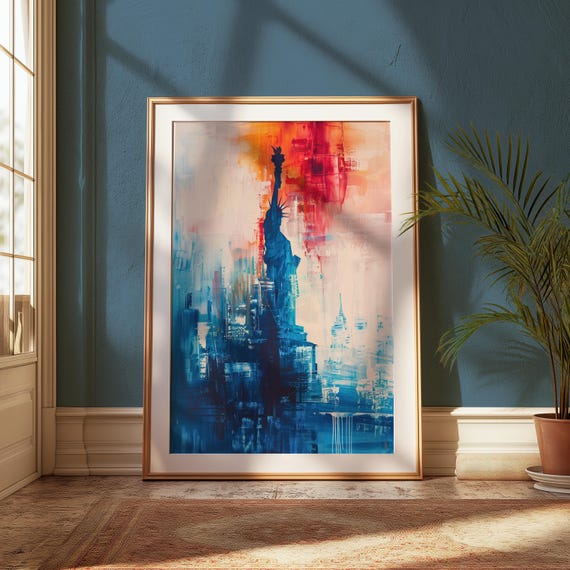 Nyc Skyline Art Print Abstract Statue Of Liberty Watercolor