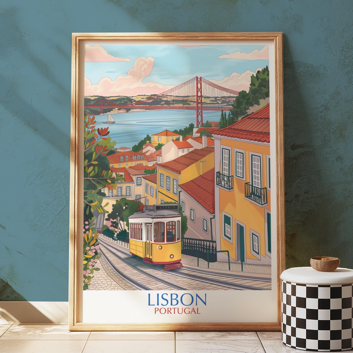 Lisbon Portugal Yellow Tram Red Bridge Hillside Vintage Travel Poster