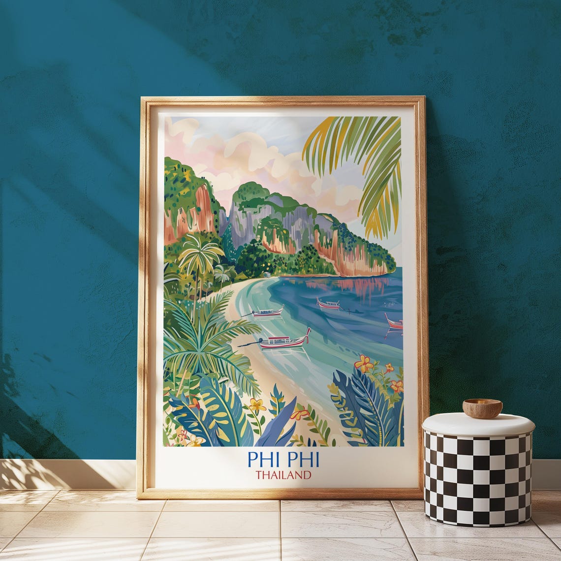 Phi Phi Thailand Tropical Beach Longtail Boats Travel Poster Decor