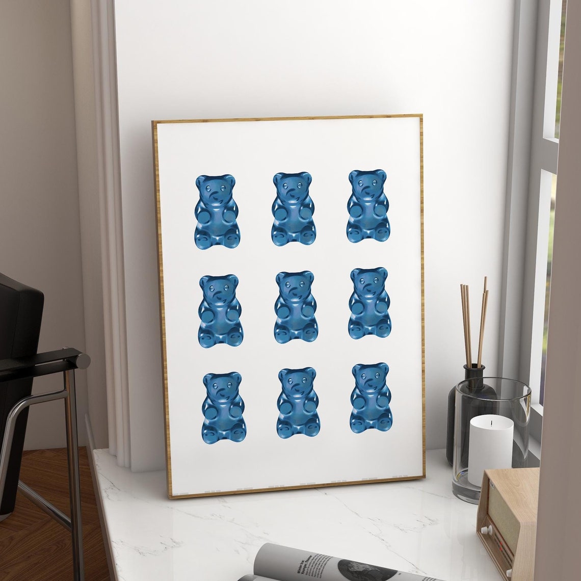 Nine Blue Gummy Bears Candy Grid Pop Art Trendy Kids Fun Poster