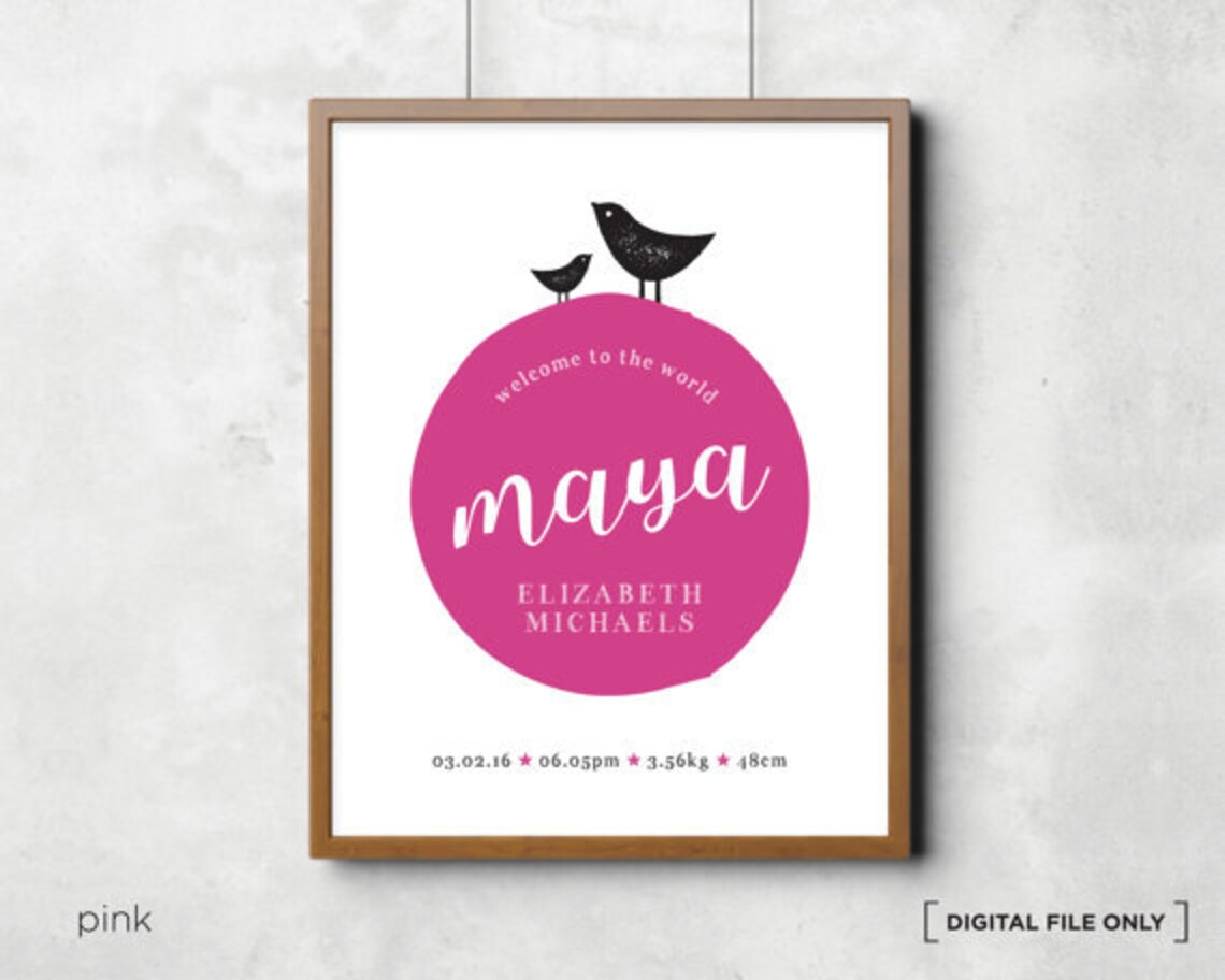 Peach Bird Circle Baby Girl Birth Announcement Decor Wall Art - Image 4