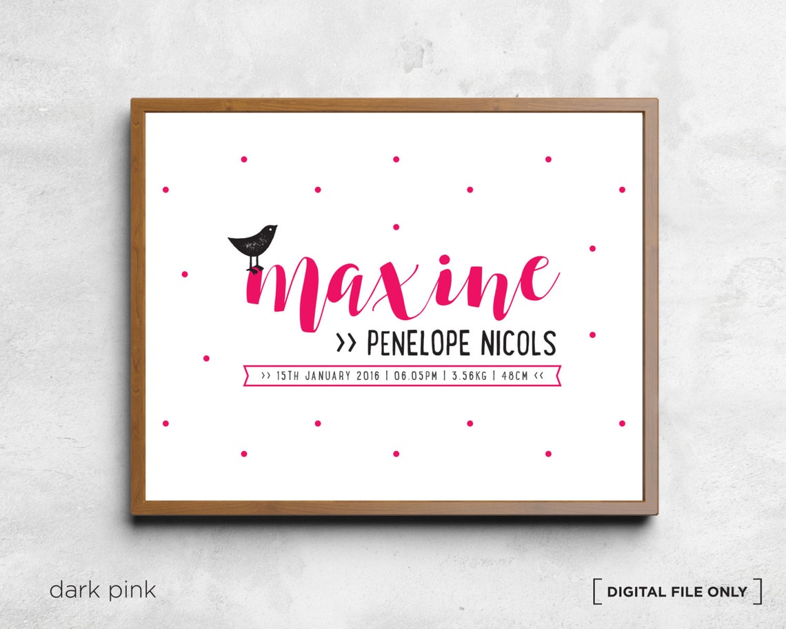 Pink Polka Dot Baby Name Birth Stats Personalized Nursery Poster