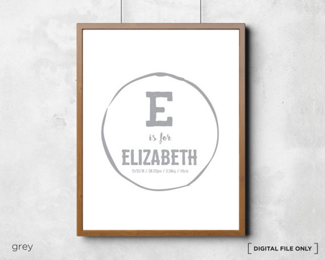 Letter E Is For Elizabeth Grey Circle Monogram Nursery Poster