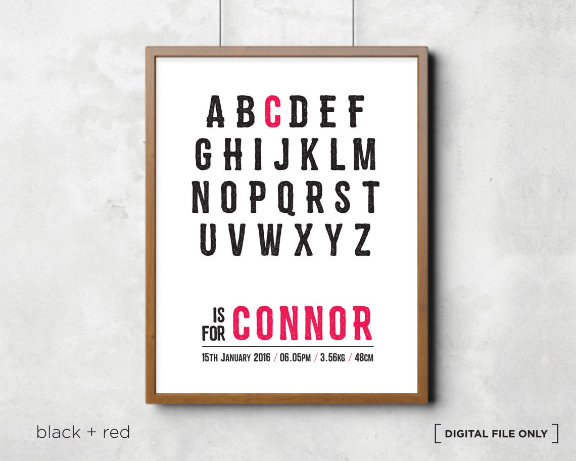 Alphabet Birth Stats Black Red Baby Boy Nursery Decor Wall Art
