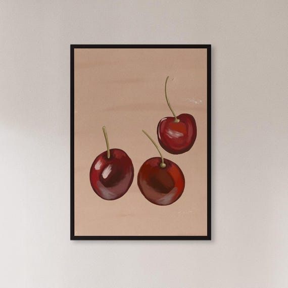 Framed Cherry Wall Art Print Minimalist Fruit Poster With Red Cherries On Blush Background Modern Kitchen Decor Gift For Food Lover Home