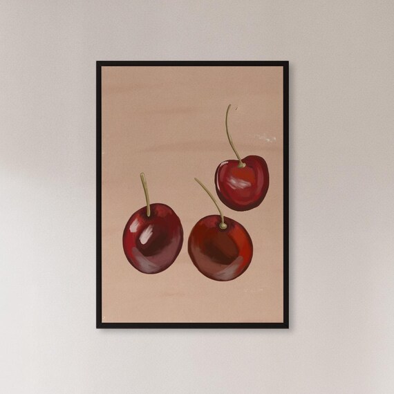 Red Cherry Trio Painted Fruit Minimalist Kitchen Still Life Poster