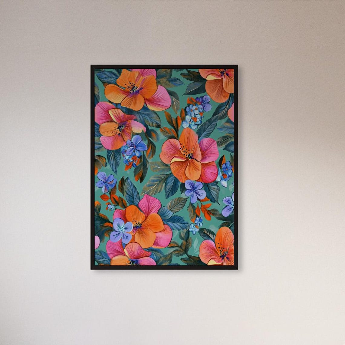 Tropical Hibiscus Flowers Orange Pink on Teal Botanical Poster