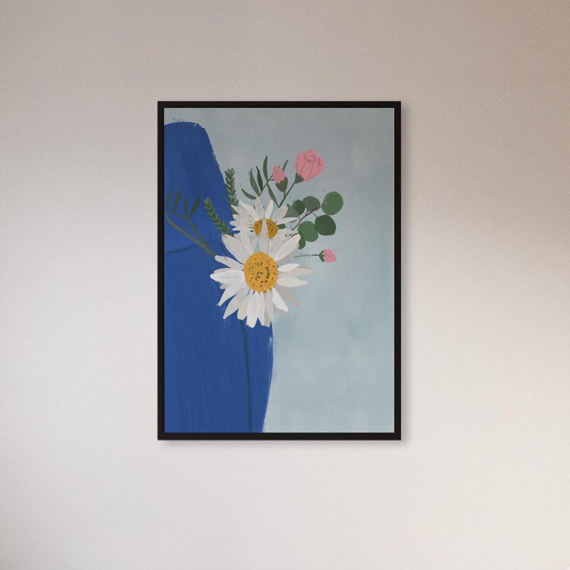 White Daisy and Pink Rose in Blue Vase Painterly Floral Poster