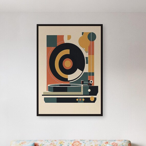 Retro Geometric Turntable Vinyl Record Player Midcentury Wall Art