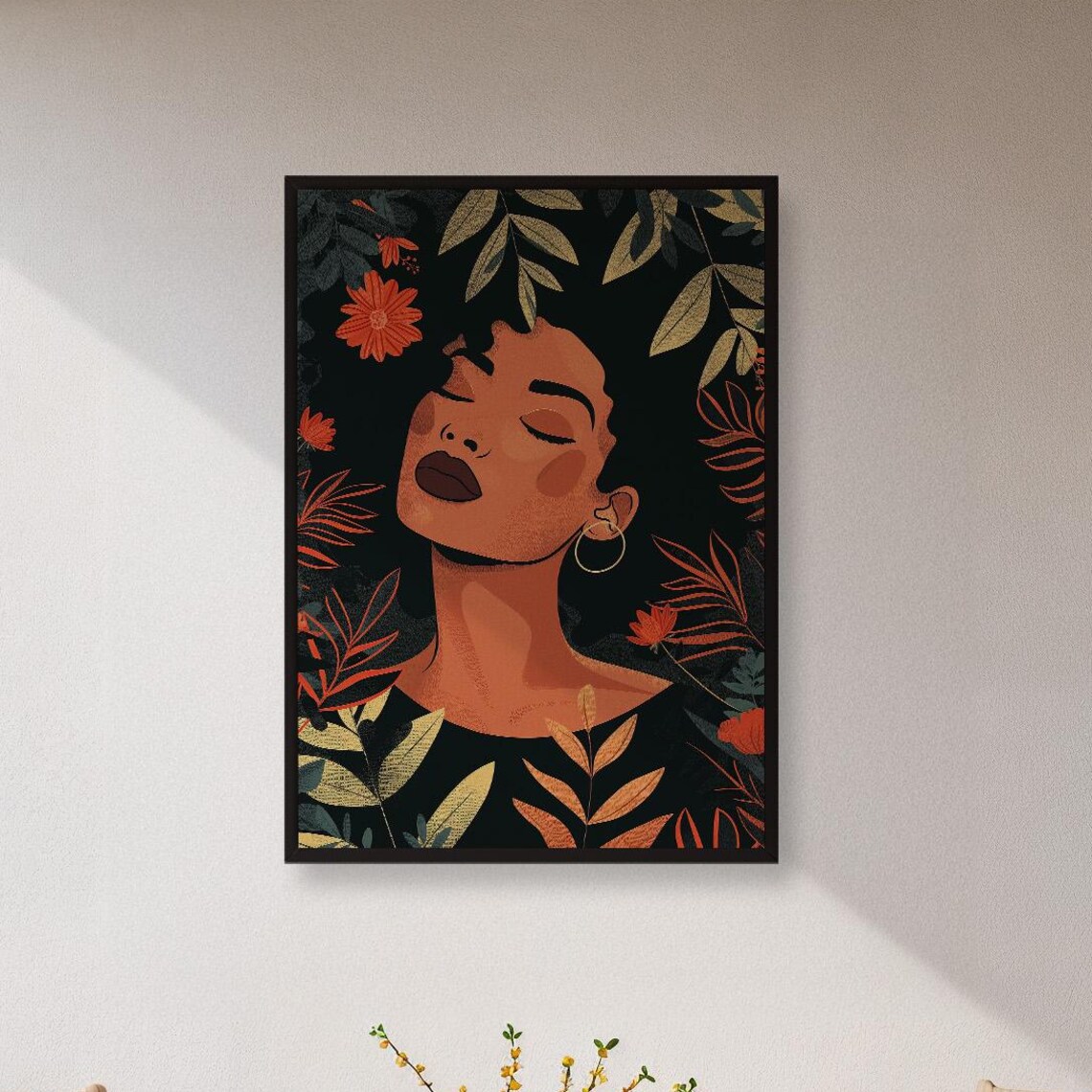 Afro Woman Portrait With Blooming Flowers Bold Botanical Art Poster