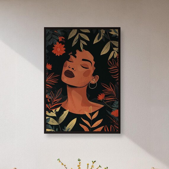 Framed Floral Woman Wall Art Print Moody Botanical Portrait With Closed Eyes And Bold Leaves Afro Style Decor Gift For Her Or Studio Space