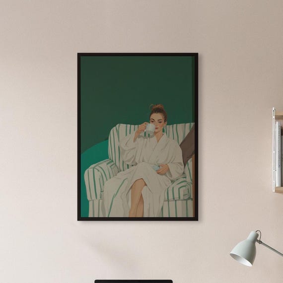 Minimalist Woman Coffee Art Print Framed Calm Girl In Robe Poster Green Wall Decor For Slow Living Gift Spa Lovers And Relax Spaces