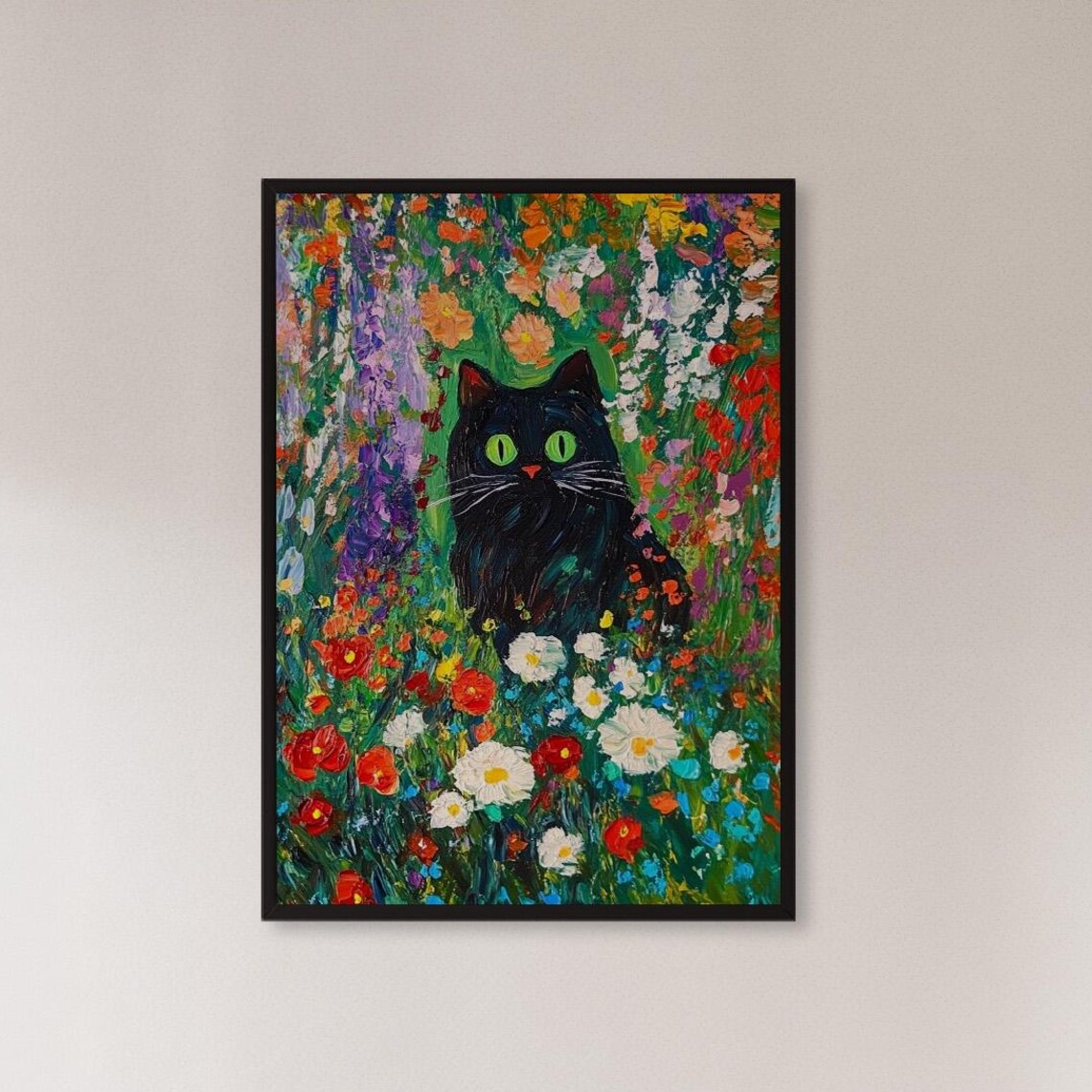 Black Cat in Vibrant Flower Garden Whimsical Animal Art Poster