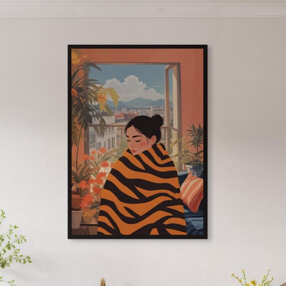 Framed Cozy Woman Wall Art Print Minimalist Room View Poster Serene Self Care Illustration Gift For Introverts Or Calm Decor Lovers
