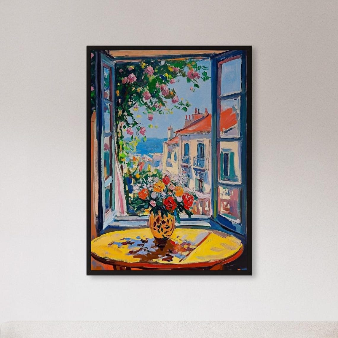 Sunlit Window View with Flower Vase Impressionist Coastal Scene Poster