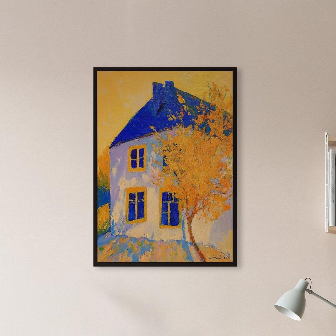 Fauvist Blue Roof House With Golden Tree Impressionist Art Poster