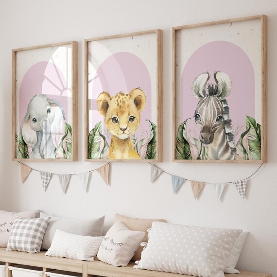 Pink Safari Nursery Set Elephant Lion Cub Zebra Kids Room Wall Art