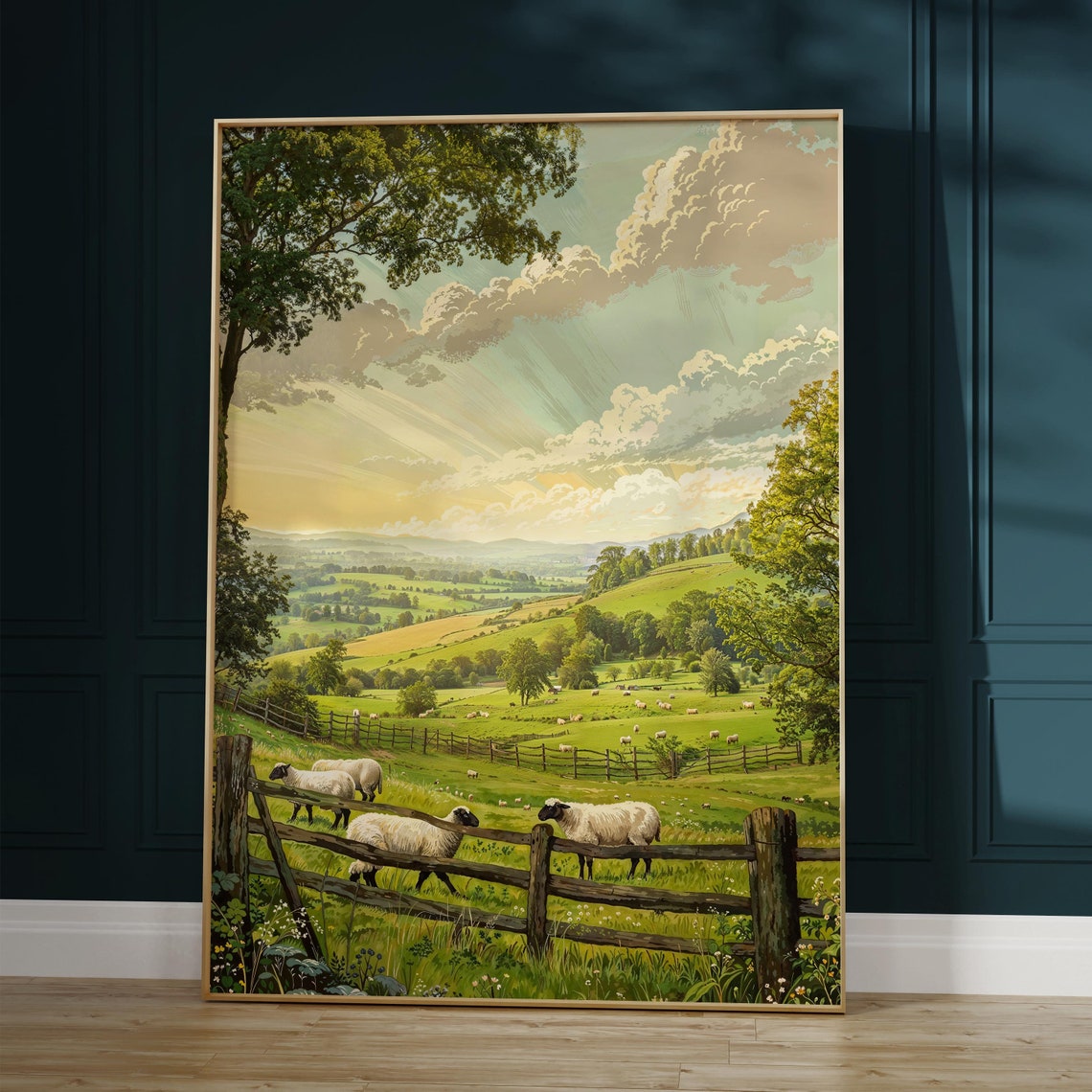 Sheep Grazing in a Lush Green English Countryside Meadow Poster