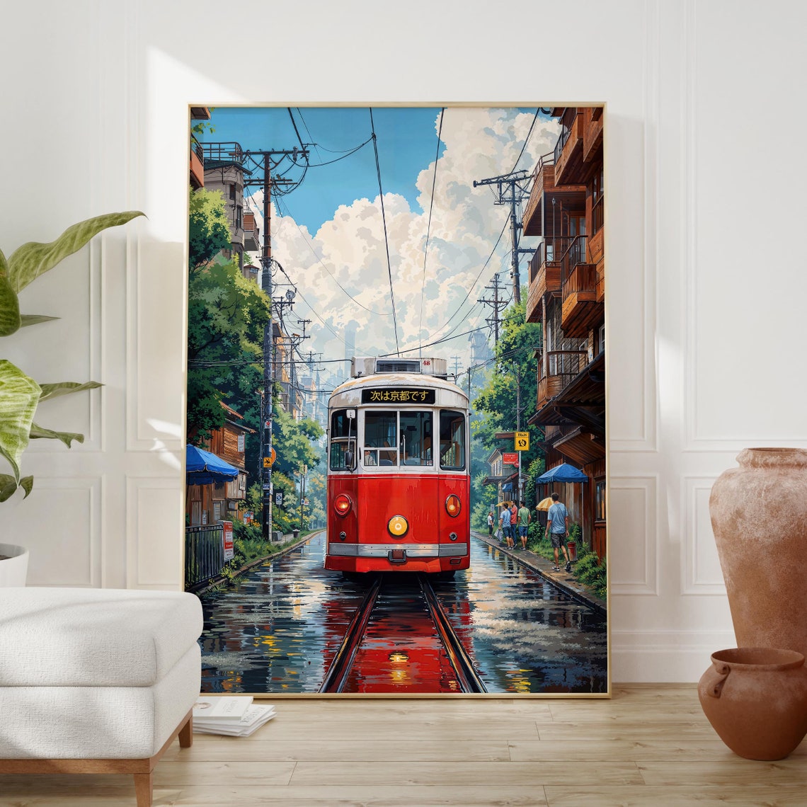 Vintage Red Kyoto Tram Rainy Street Anime Summer Clouds Poster