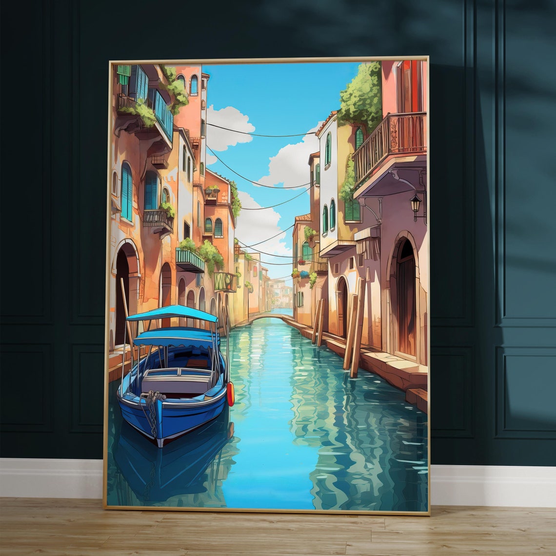 Venice Style Canal With Colorful Houses and a Blue Wooden Boat Poster