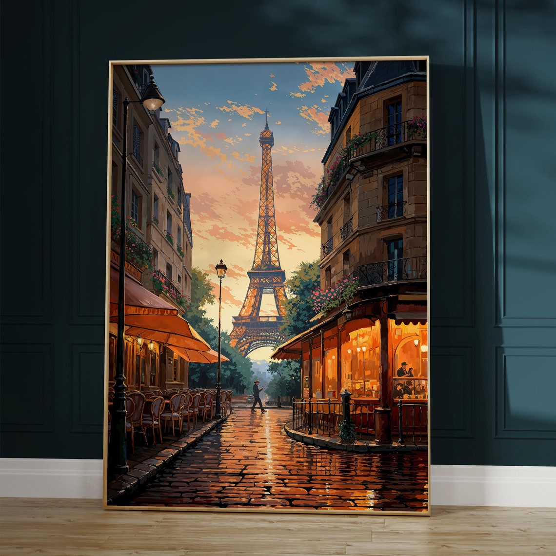 Paris Eiffel Tower Sunset Street Poster with Cafes on Cobblestone Road