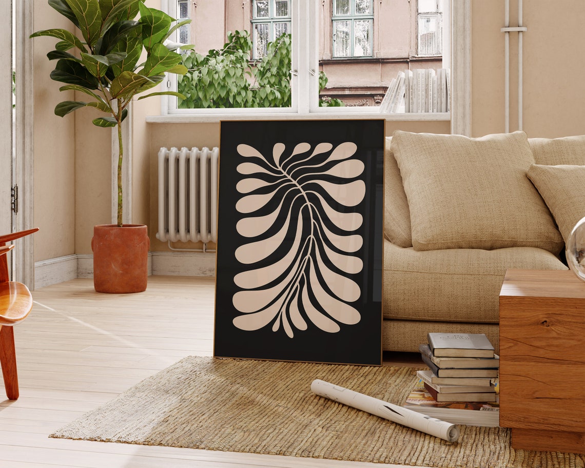 Cream Curved Leaf Branch on Black Modern Abstract Botanical Poster