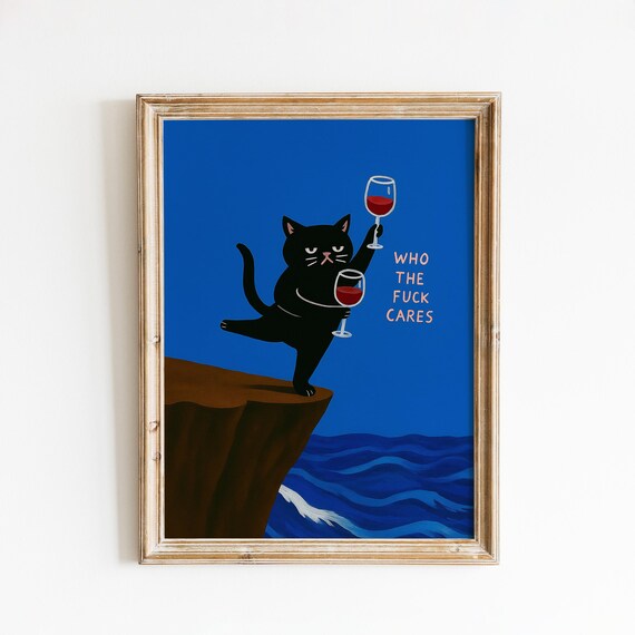 Funny Black Cat With Wine Glasses On Cliff Edge Cartoon Poster