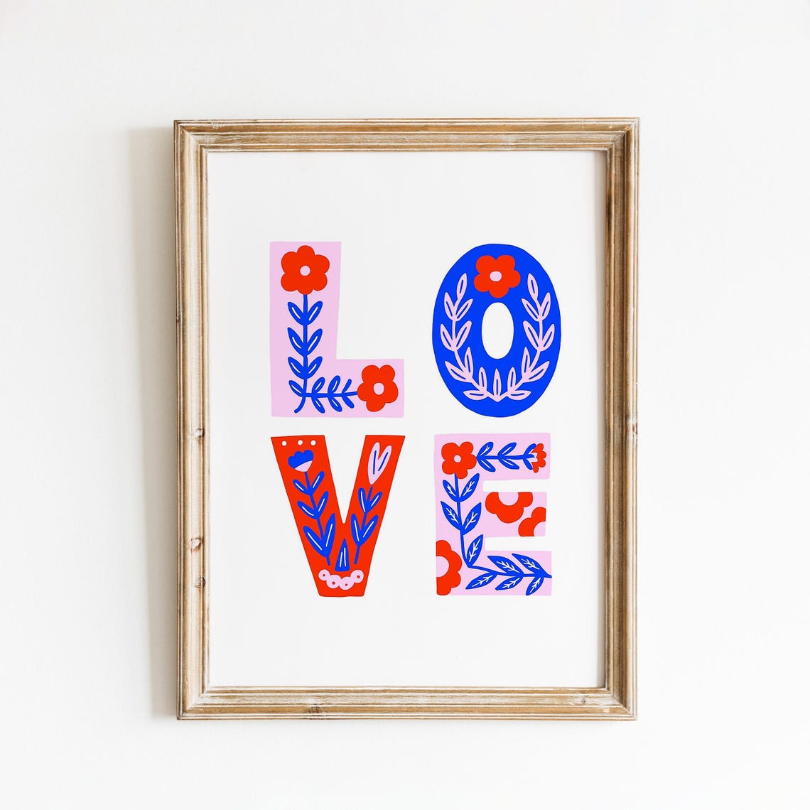 Bold Floral LOVE Typography Red Blue Pink Modern Decor Wall Print