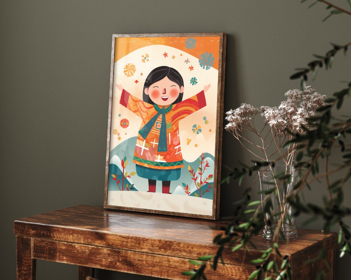 Joyful Girl in Folk Winter Costume Arms Raised Cheerful Kids Print