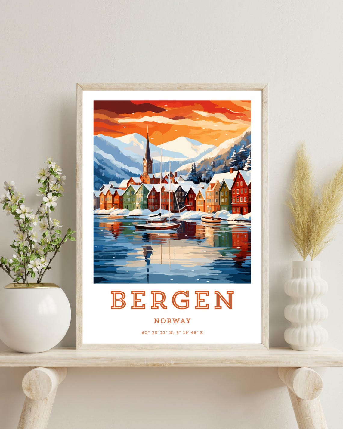 Bergen Norway Travel Poster, Winter Christmas Gift