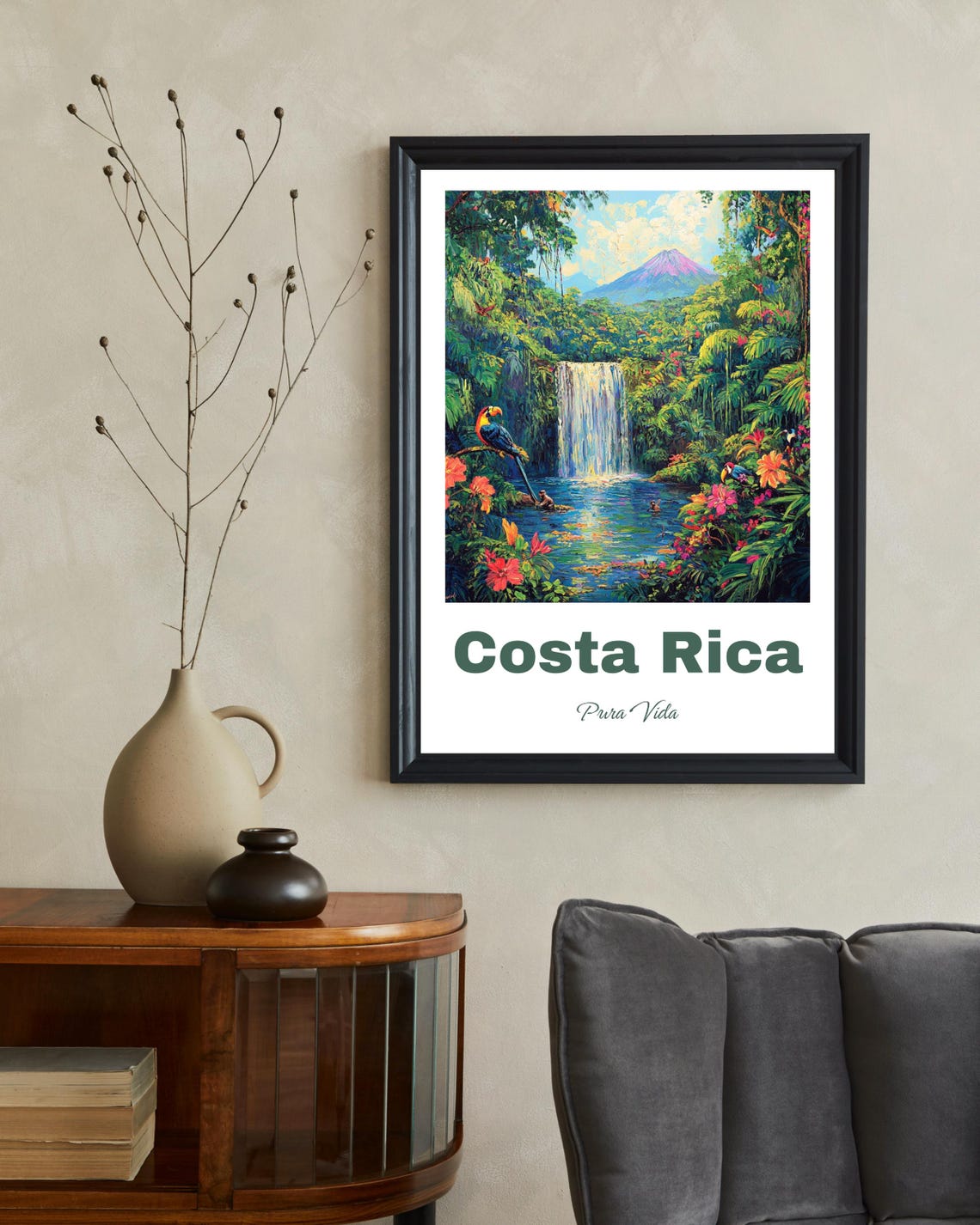 Costa Rica Travel Poster, Arenal Volcano Waterfall - Image 2
