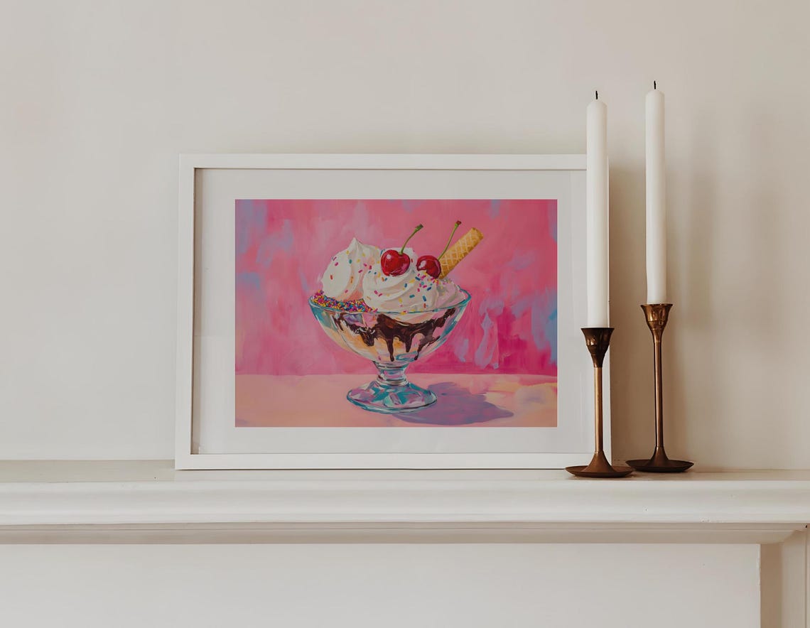 Pink Ice Cream Print Colourful Food Print Pink Kitchen Decor Ice Cream Sundae Painting Kids Bedroom Print Girly Prints Pink Nursery Decor - Image 3