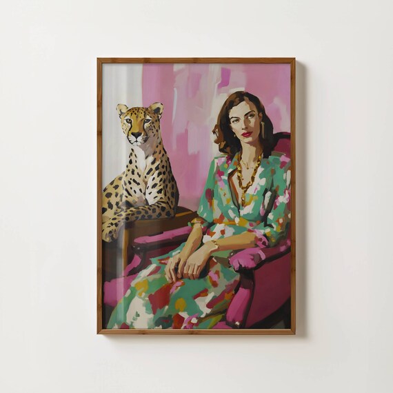 Elegant Woman With Cheetah Companion Maximalist Portrait Poster