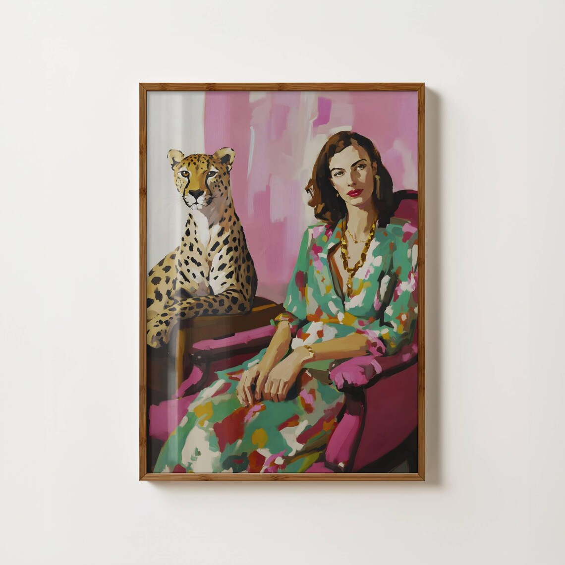 Elegant Woman With Cheetah Companion Maximalist Portrait Poster