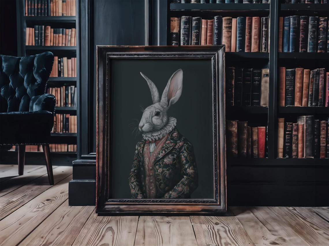 Victorian Rabbit in Brocade Jacket Moody Animal Portrait Poster - Image 3