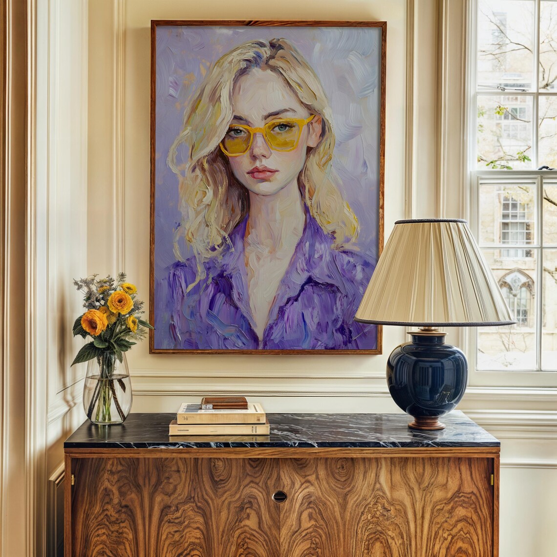 Woman In Purple Top With Yellow Glasses Modern Portrait Art Print - Image 2