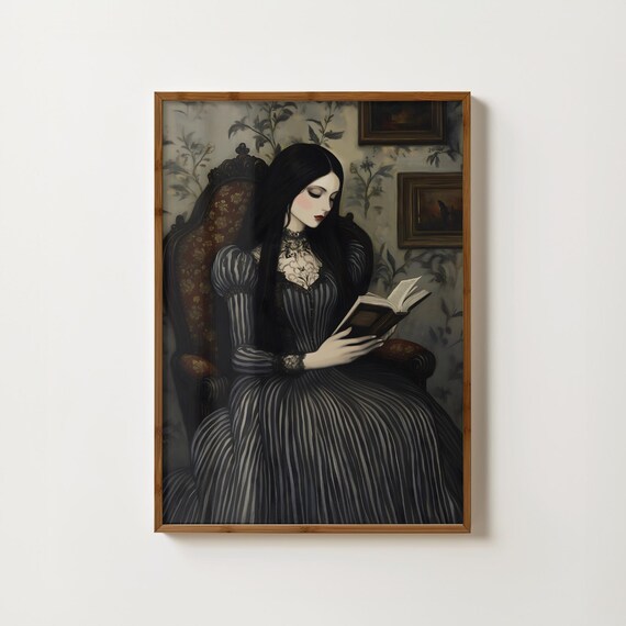Victorian Woman Reading a Book Dark Academia Gothic Art Poster