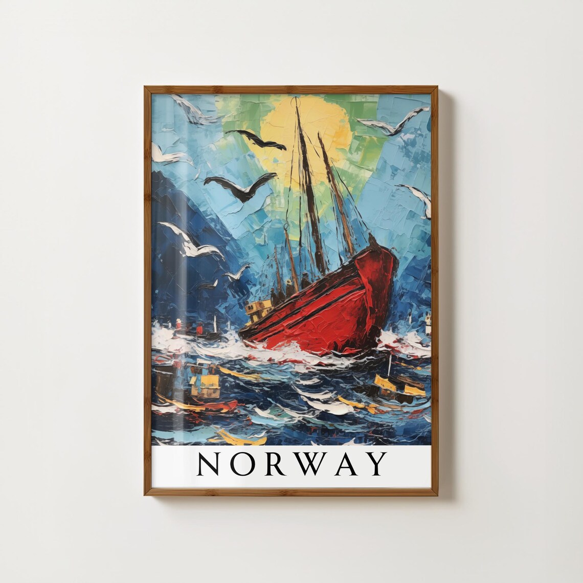 Norway Red Fishing Boat Stormy Sea Seagulls Impasto Travel Poster