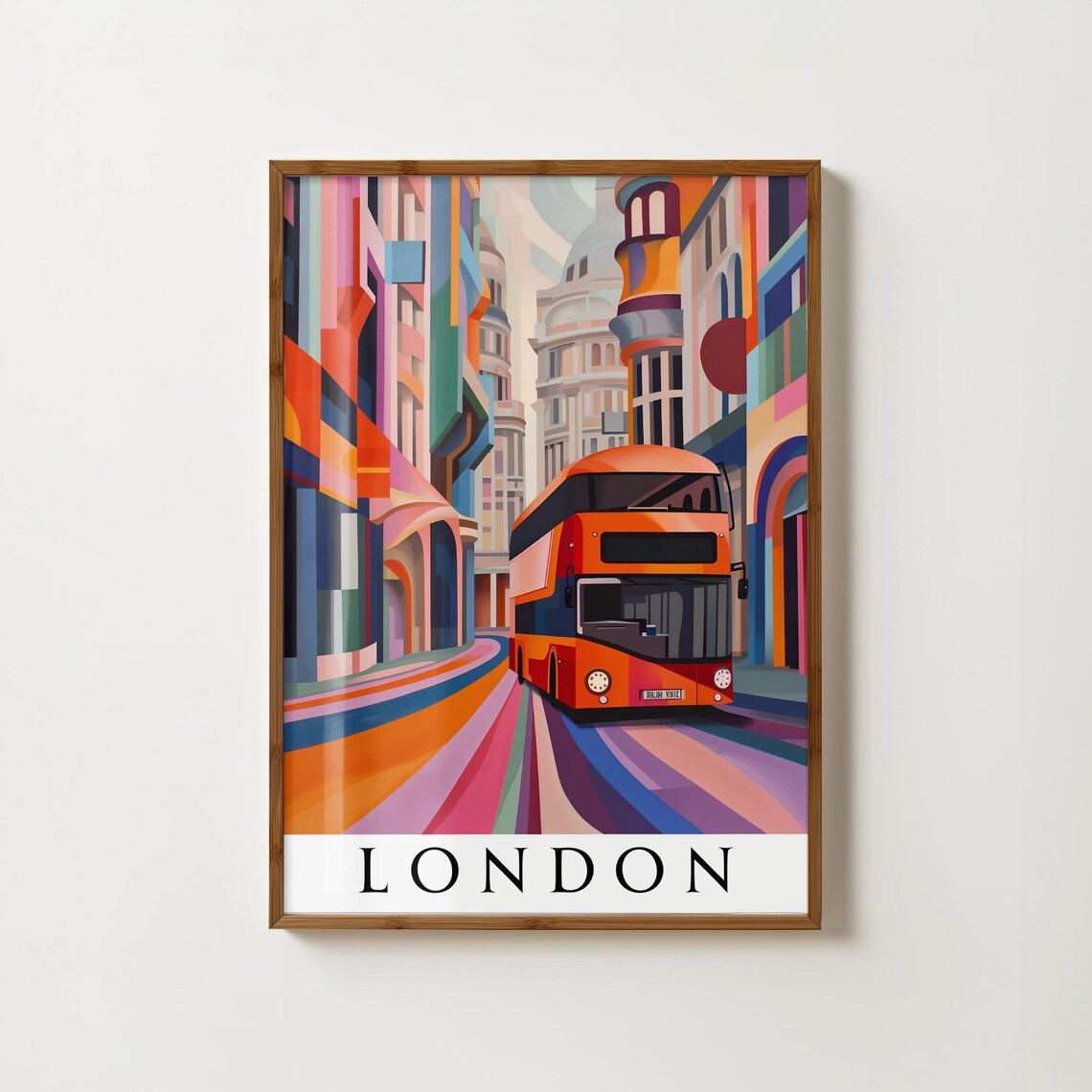 London Red Double Decker Bus Colorful Rainbow Street Travel Poster