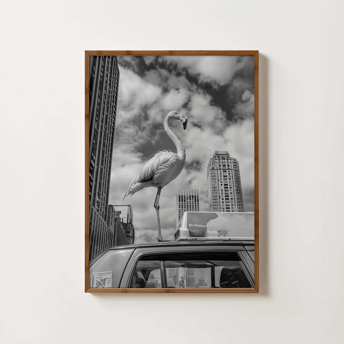 Flamingo Standing On New York Yellow Taxi Surreal Photo Art Poster