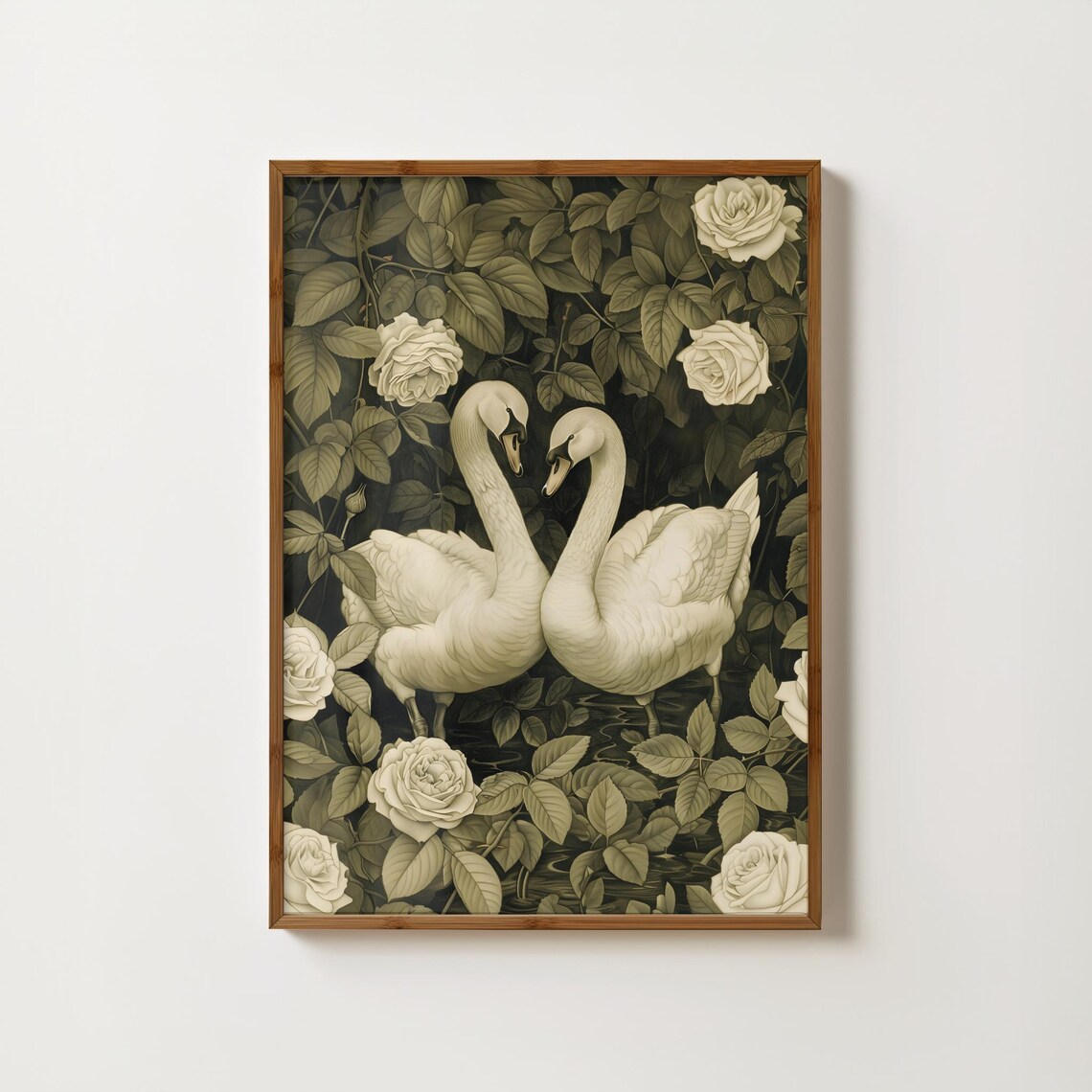 White Swan Pair Monochrome Rose Garden Vintage Elegant Poster